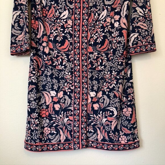 BCBGMAXAZRIA Calico Dress Navy Blue Pink Floral 3/4 Sleeve Cutout Mini Shift XS - Picture 5 of 11
